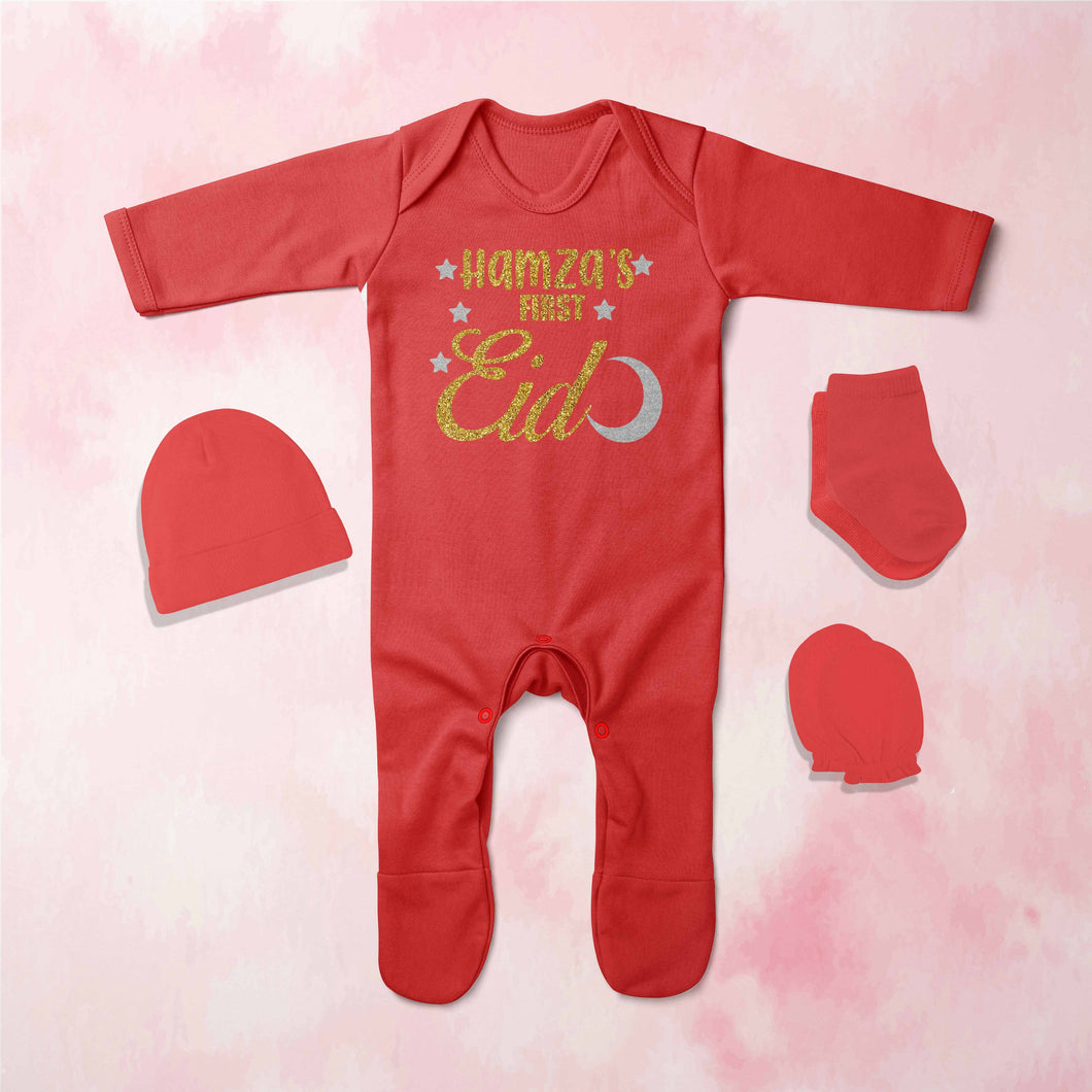 1st Eid Custom Name Eid Jumpsuit with Cap, Mittens and Booties Romper Set for Baby Boy - KidsFashionVilla