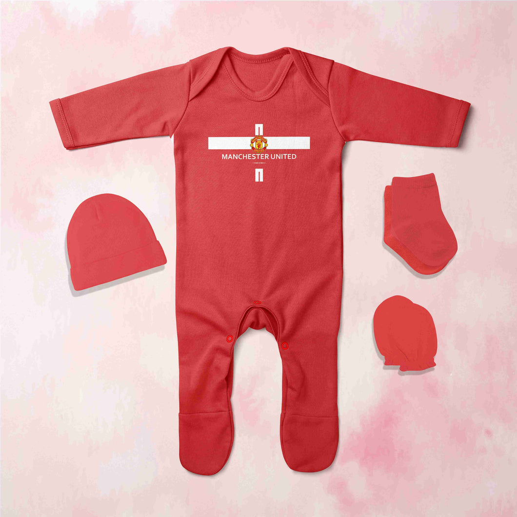 Manchester United Logo Jumpsuit with Cap, Mittens and Booties Romper Set for Baby Boy - KidsFashionVilla