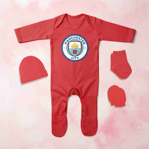 Manchester City Logo Jumpsuit with Cap, Mittens and Booties Romper Set for Baby Boy - KidsFashionVilla