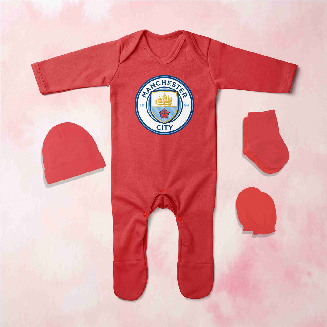 Manchester City Logo Jumpsuit with Cap, Mittens and Booties Romper Set for Baby Boy - KidsFashionVilla