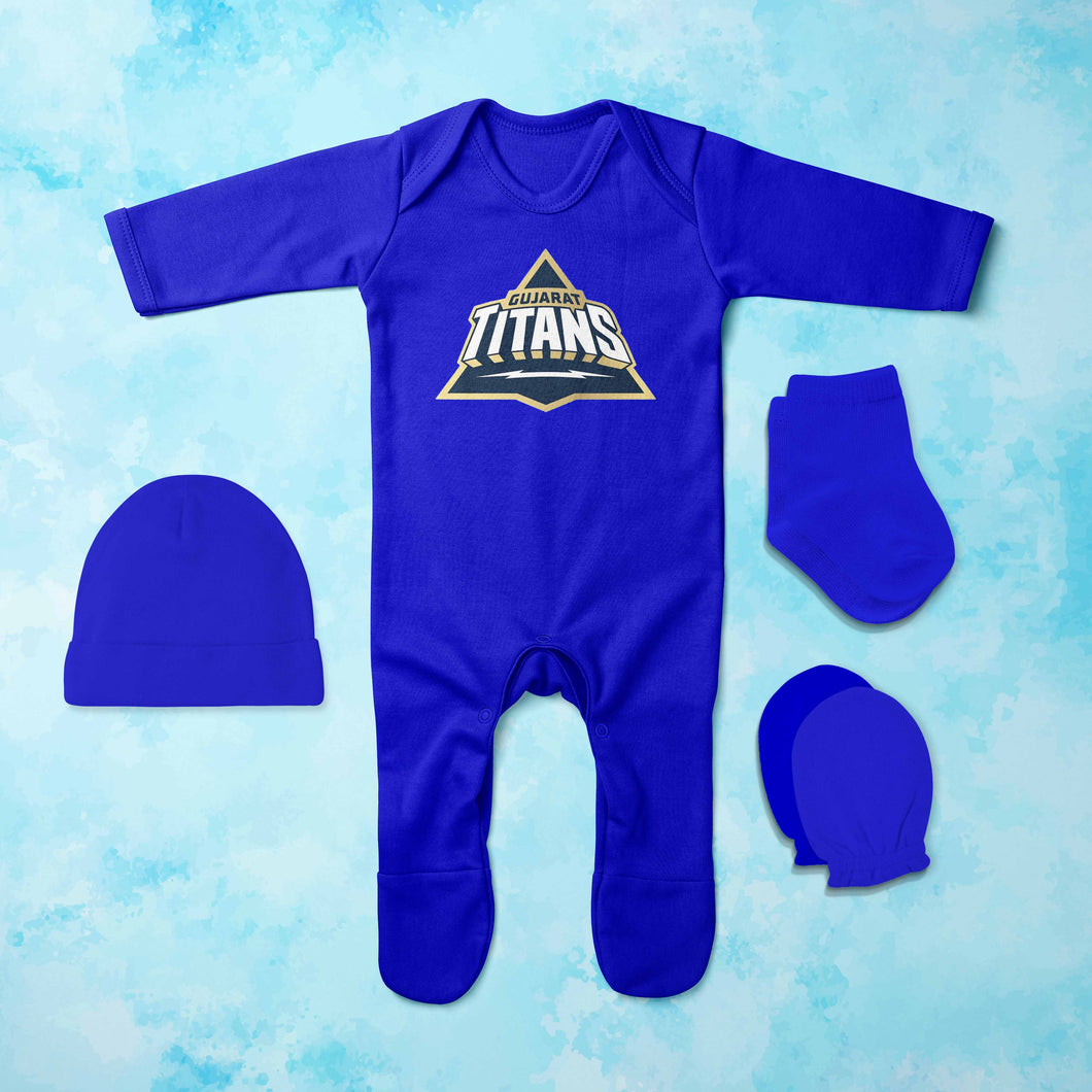 GT Gujrat Titans Jumpsuit with Cap, Mittens and Booties Romper Set for Baby Boy - KidsFashionVilla