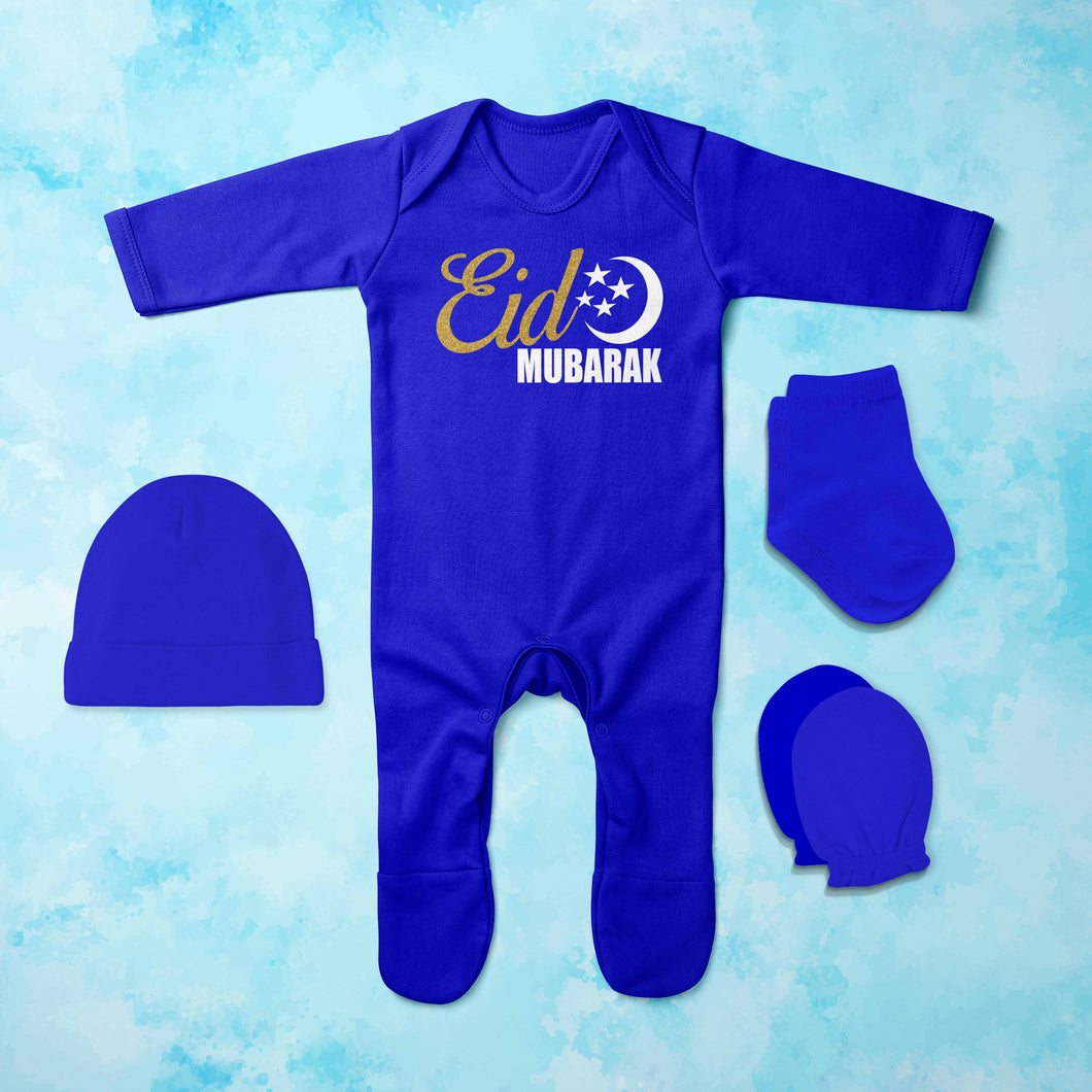 Eid Mubarak Eid Jumpsuit with Cap, Mittens and Booties Romper Set for Baby Boy - KidsFashionVilla