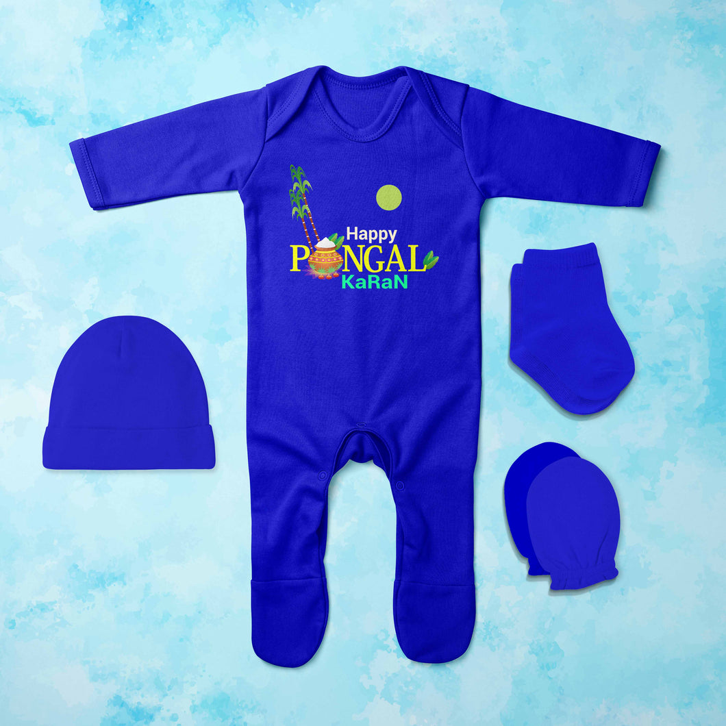 Custom Name Happy Pongal Jumpsuit with Cap, Mittens and Booties Romper Set for Baby Boy - KidsFashionVilla