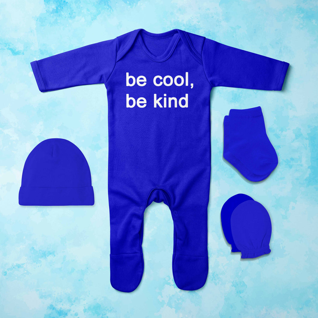 Be Cool Be Kind Minimal Jumpsuit with Cap, Mittens and Booties Romper Set for Baby Boy - KidsFashionVilla