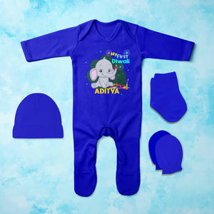 Custom Name My First Diwali Jumpsuit with Cap, Mittens and Booties Romper Set for Baby Boy - KidsFashionVilla