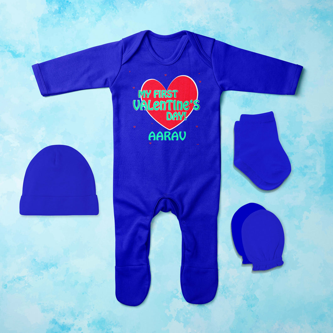 Custom Name 1st Valentine Jumpsuit with Cap, Mittens and Booties Romper Set for Baby Boy - KidsFashionVilla