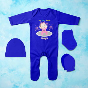 Custom Name My First Rakhi Dress Jumpsuit with Cap, Mittens and Booties Romper Set for Baby Girl - KidsFashionVilla