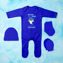 Load image into Gallery viewer, Custom Name Brother Shark Doo Doo Doo Rakhi Jumpsuit with Cap, Mittens and Booties Romper Set for Baby Boy - KidsFashionVilla
