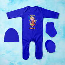 Load image into Gallery viewer, Custom Name My First Navratri Jumpsuit with Cap, Mittens and Booties Romper Set for Baby Girl - KidsFashionVilla

