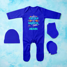 Load image into Gallery viewer, Custom Name Cant Stay Calm It Is Dandiya Night Navratri Jumpsuit with Cap, Mittens and Booties Romper Set for Baby Boy - KidsFashionVilla

