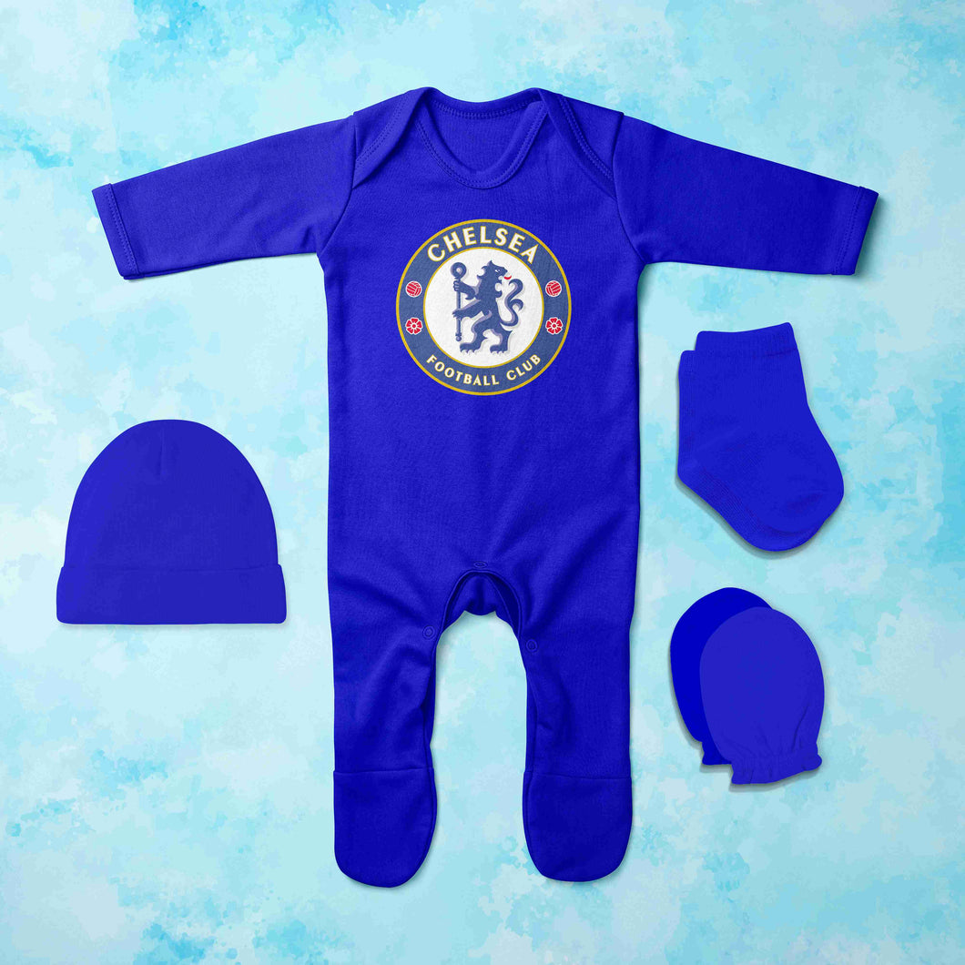 Chelsea Fc Logo Jumpsuit with Cap, Mittens and Booties Romper Set for Baby Boy - KidsFashionVilla