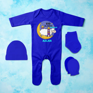 Custom Name Eid Al Adha Bakra Eid Mubarak Jumpsuit with Cap, Mittens and Booties Romper Set for Baby Boy - KidsFashionVilla
