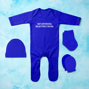 Not Anti Social Minimal Jumpsuit with Cap, Mittens and Booties Romper Set for Baby Boy - KidsFashionVilla