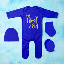 Load image into Gallery viewer, My First Eid Jumpsuit with Cap, Mittens and Booties Romper Set for Baby Boy - KidsFashionVilla
