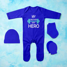 Load image into Gallery viewer, My Brother My Hero Jumpsuit with Cap, Mittens and Booties Romper Set for Baby Boy - KidsFashionVilla
