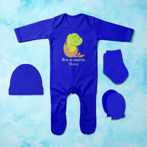 Custom Name Bro A Sauras Raksha Bandhan Jumpsuit with Cap, Mittens and Booties Romper Set for Baby Boy - KidsFashionVilla