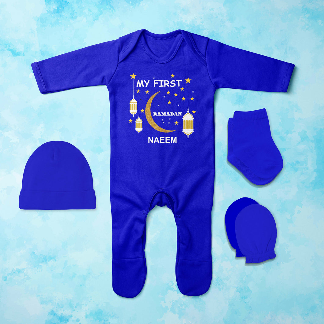 Custom Name My First Ramadan Jumpsuit with Cap, Mittens and Booties Romper Set for Baby Boy - KidsFashionVilla