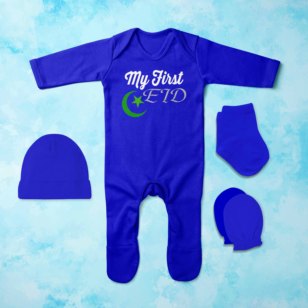 My 1st Eid Jumpsuit with Cap, Mittens and Booties Romper Set for Baby Boy - KidsFashionVilla