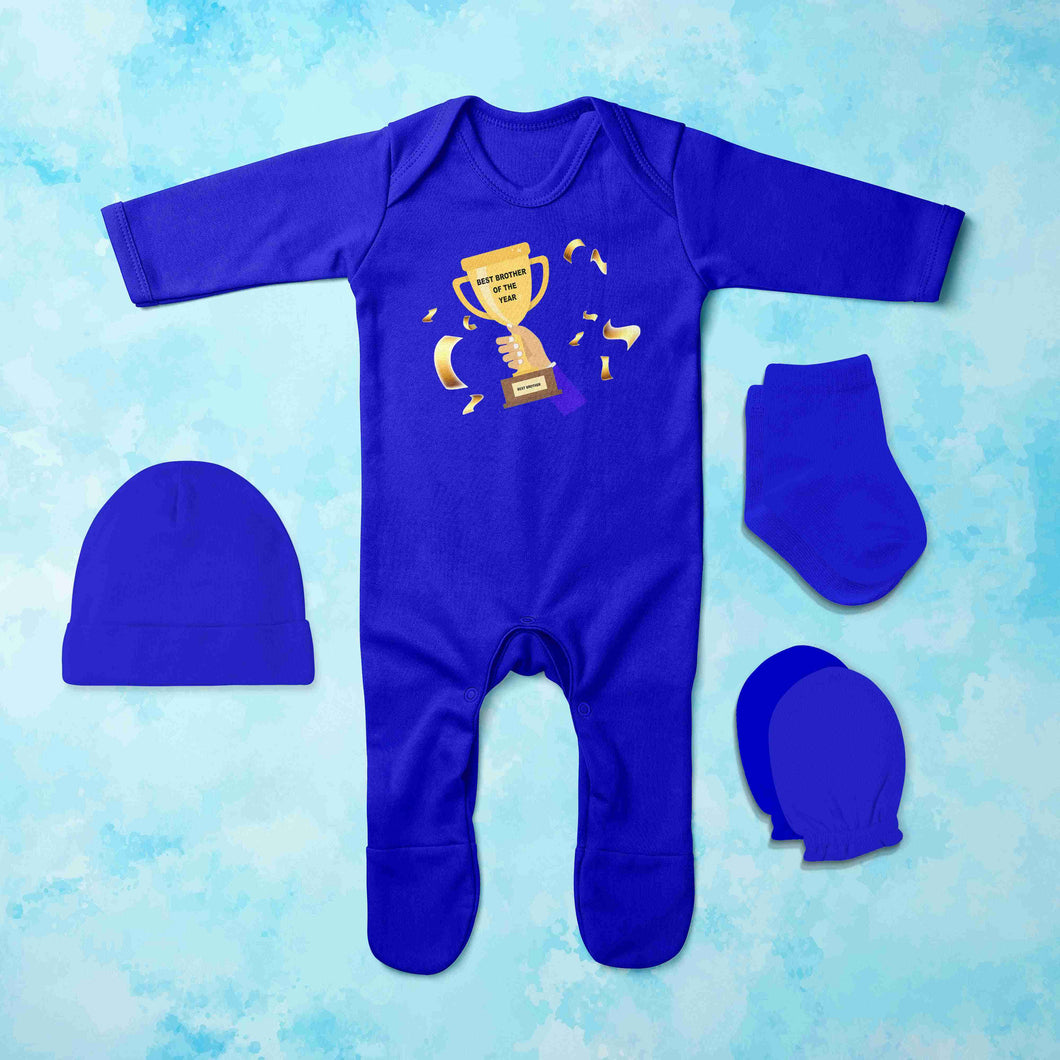 Brother Of The Year Jumpsuit with Cap, Mittens and Booties Romper Set for Baby Boy - KidsFashionVilla