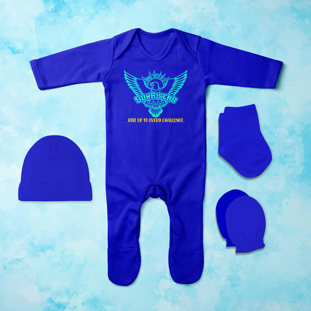 Custom Name IPL SRH Sunrisers Hyderabad Jumpsuit with Cap, Mittens and Booties Romper Set for Baby Boy - KidsFashionVilla