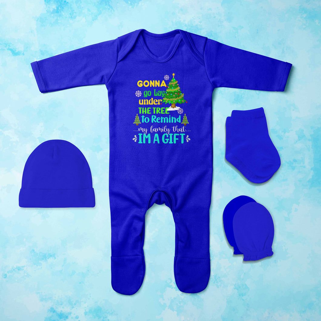 Gift Under Christmas Tree Jumpsuit with Cap, Mittens and Booties Romper Set for Baby Boy - KidsFashionVilla