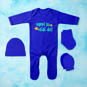 Pappi Lo Eidi do Eid Jumpsuit with Cap, Mittens and Booties Romper Set for Baby Boy - KidsFashionVilla