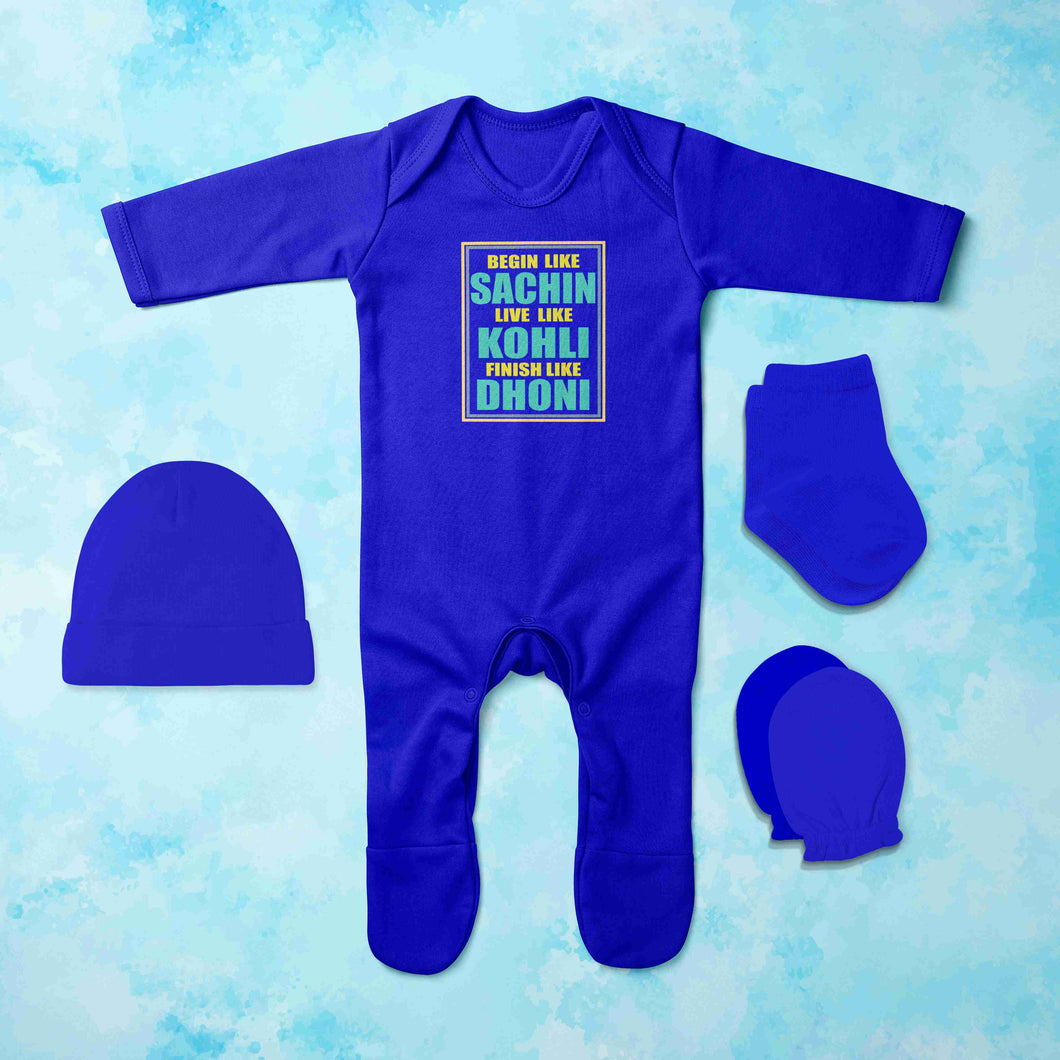 Cricketer Quotes Jumpsuit with Cap, Mittens and Booties Romper Set for Baby Boy - KidsFashionVilla