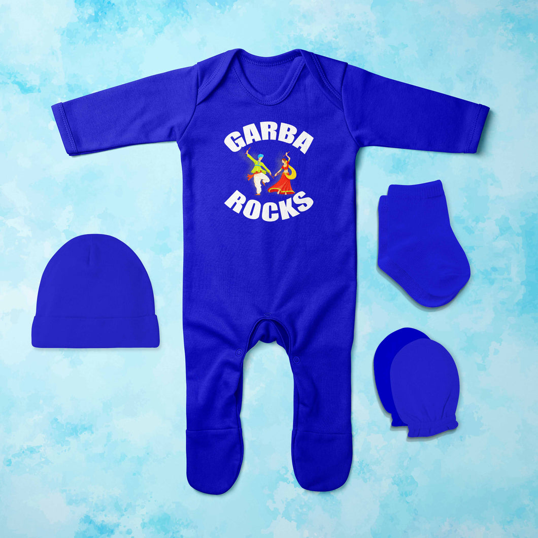 Garbha Rocks Navratri Jumpsuit with Cap, Mittens and Booties Romper Set for Baby Boy - KidsFashionVilla