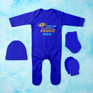 Custom Name IPL MI Mumbai Indians Little Fan Jumpsuit with Cap, Mittens and Booties Romper Set for Baby Boy - KidsFashionVilla