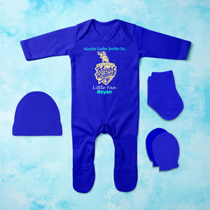 Custom Name IPL KKR Kolkata Knight Riders Korbo Lorbo Jeetbo Re Jumpsuit with Cap, Mittens and Booties Romper Set for Baby Boy - KidsFashionVilla