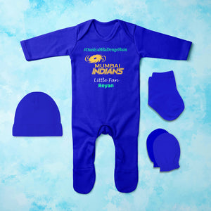 Custom Name IPL MI Mumbai Indians Duniya Hila Denge Hum Jumpsuit with Cap, Mittens and Booties Romper Set for Baby Boy - KidsFashionVilla