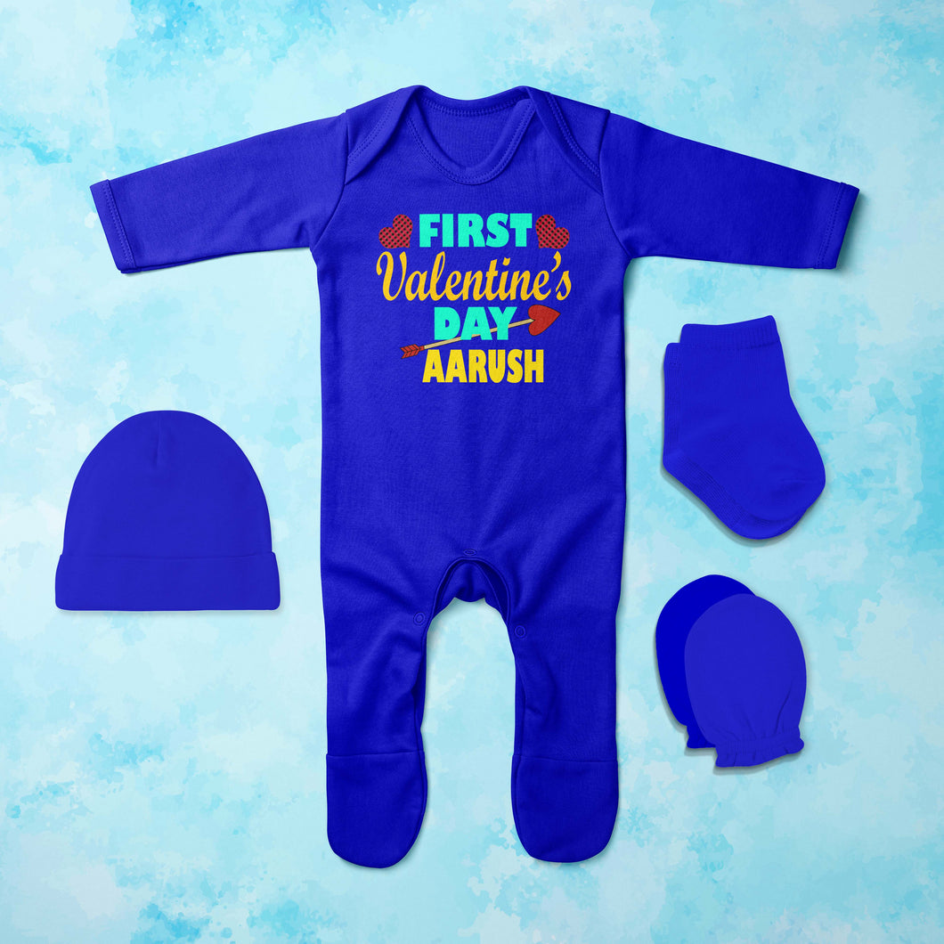 Custom Name First Valentine Jumpsuit with Cap, Mittens and Booties Romper Set for Baby Boy - KidsFashionVilla