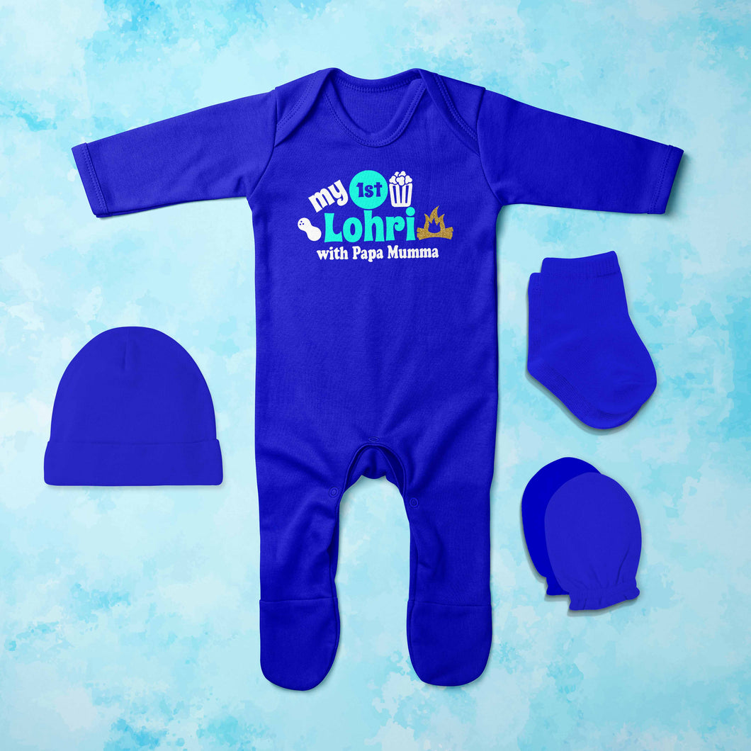 First Lohri With Papa Mumma Lohri Jumpsuit with Cap, Mittens and Booties Romper Set for Baby Boy - KidsFashionVilla