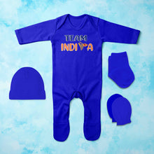 Load image into Gallery viewer, Team India Cricket Quotes Jumpsuit with Cap, Mittens and Booties Romper Set for Baby Boy - KidsFashionVilla
