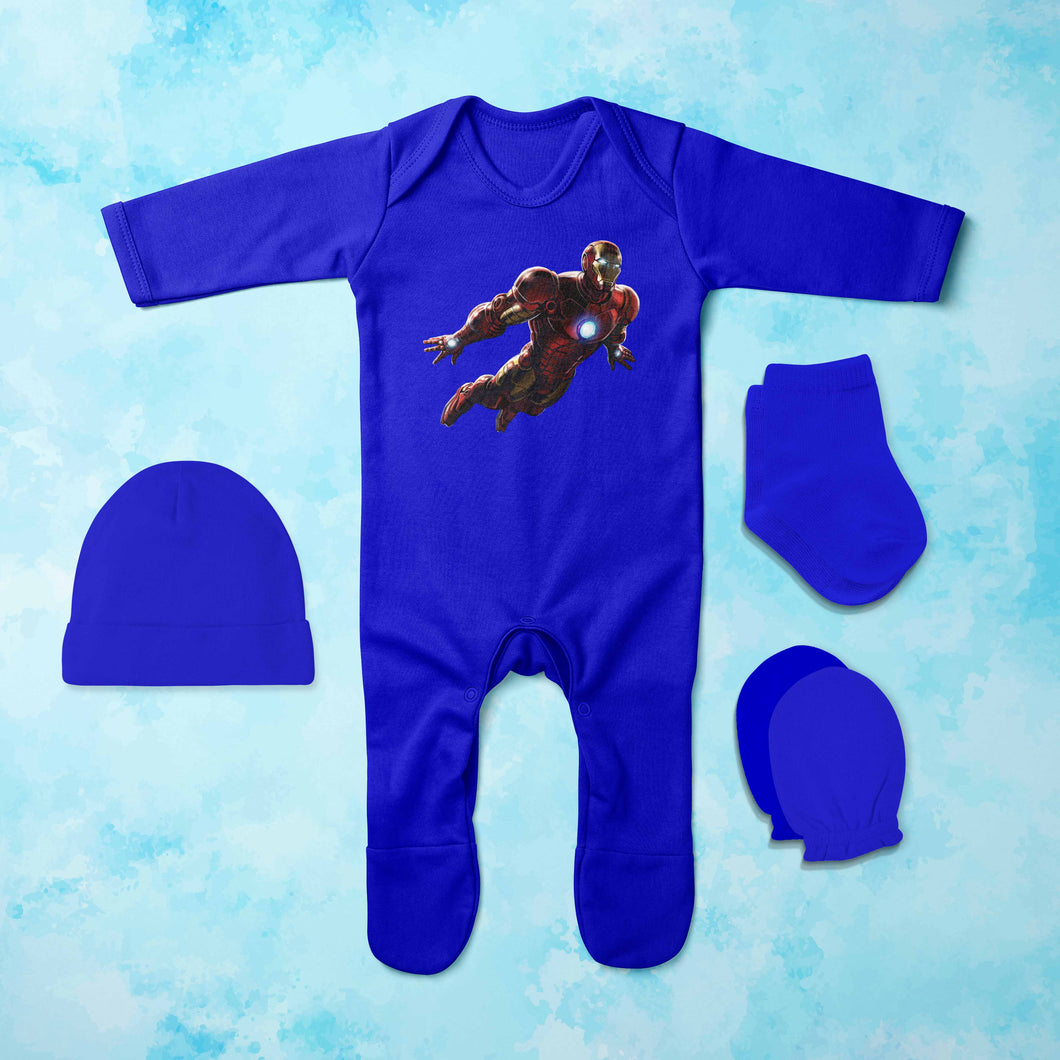 Flying Superhero Cartoon Jumpsuit with Cap, Mittens and Booties Romper Set for Baby Boy - KidsFashionVilla