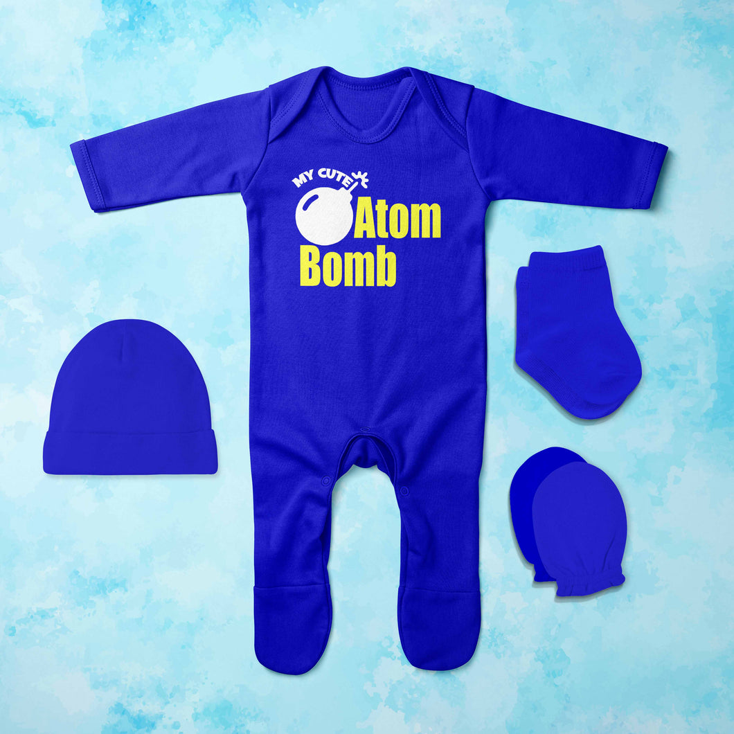 My Cute Atom Bomb Diwali Jumpsuit with Cap, Mittens and Booties Romper Set for Baby Boy - KidsFashionVilla