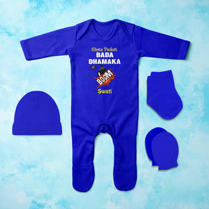 Custom Name Chota Packet Bada Dhamaka Diwali Jumpsuit with Cap, Mittens and Booties Romper Set for Baby Girl - KidsFashionVilla