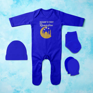 First Ramadan Custom Name Eid Jumpsuit with Cap, Mittens and Booties Romper Set for Baby Boy - KidsFashionVilla