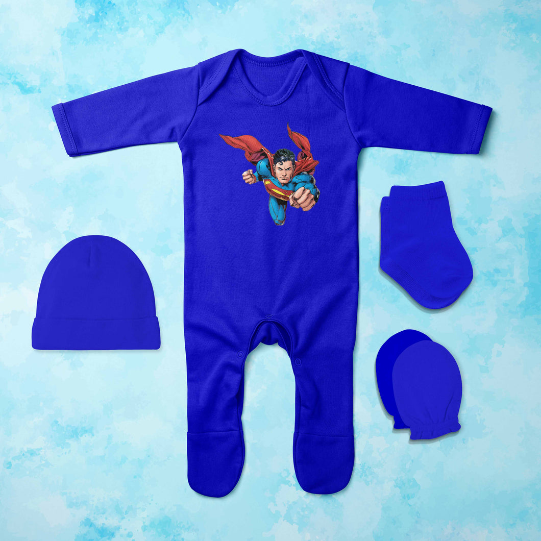 Flying Cute Superhero Cartoon Jumpsuit with Cap, Mittens and Booties Romper Set for Baby Boy - KidsFashionVilla