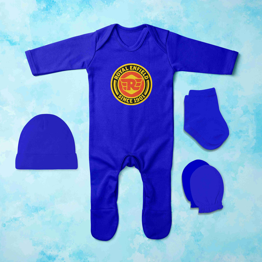 Royal Enfield Since 1901 Logo Jumpsuit with Cap, Mittens and Booties Romper Set for Baby Boy - KidsFashionVilla
