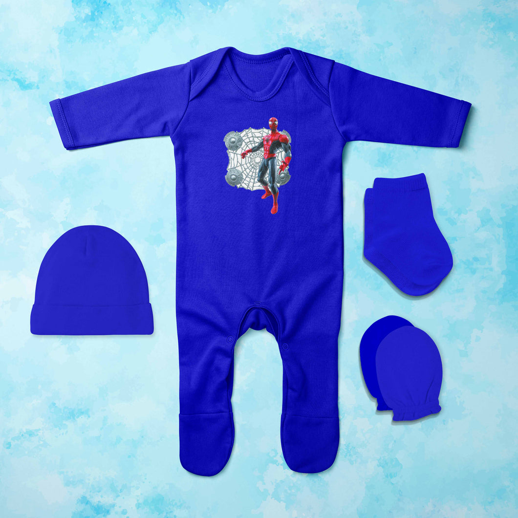 Superhero Cartoon Jumpsuit with Cap, Mittens and Booties Romper Set for Baby Boy - KidsFashionVilla