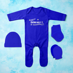 My First Diwali Boom Diwali Jumpsuit with Cap, Mittens and Booties Romper Set for Baby Boy - KidsFashionVilla