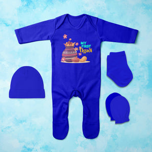 My First Ugadi Jumpsuit with Cap, Mittens and Booties Romper Set for Baby Boy - KidsFashionVilla