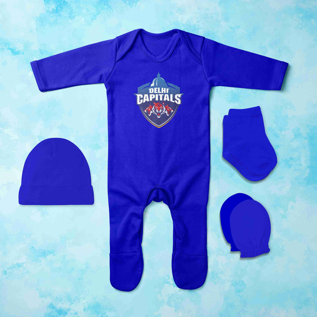 IPL Delhi Capitals Jumpsuit with Cap, Mittens and Booties Romper Set for Baby Boy - KidsFashionVilla