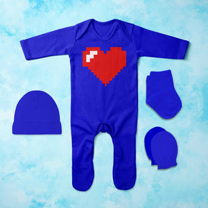 8 Bit Heart Minimal Jumpsuit with Cap, Mittens and Booties Romper Set for Baby Girl - KidsFashionVilla