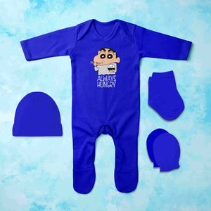 Always Hungry Quotes Jumpsuit with Cap, Mittens and Booties Romper Set for Baby Boy - KidsFashionVilla