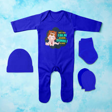 Load image into Gallery viewer, Can Not Keep Calm Because Diwali Is Here Jumpsuit with Cap, Mittens and Booties Romper Set for Baby Boy - KidsFashionVilla
