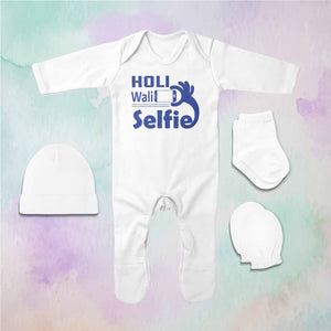 Holi Wali Selfie Holi Jumpsuit with Cap, Mittens and Booties Romper Set for Baby Boy - KidsFashionVilla