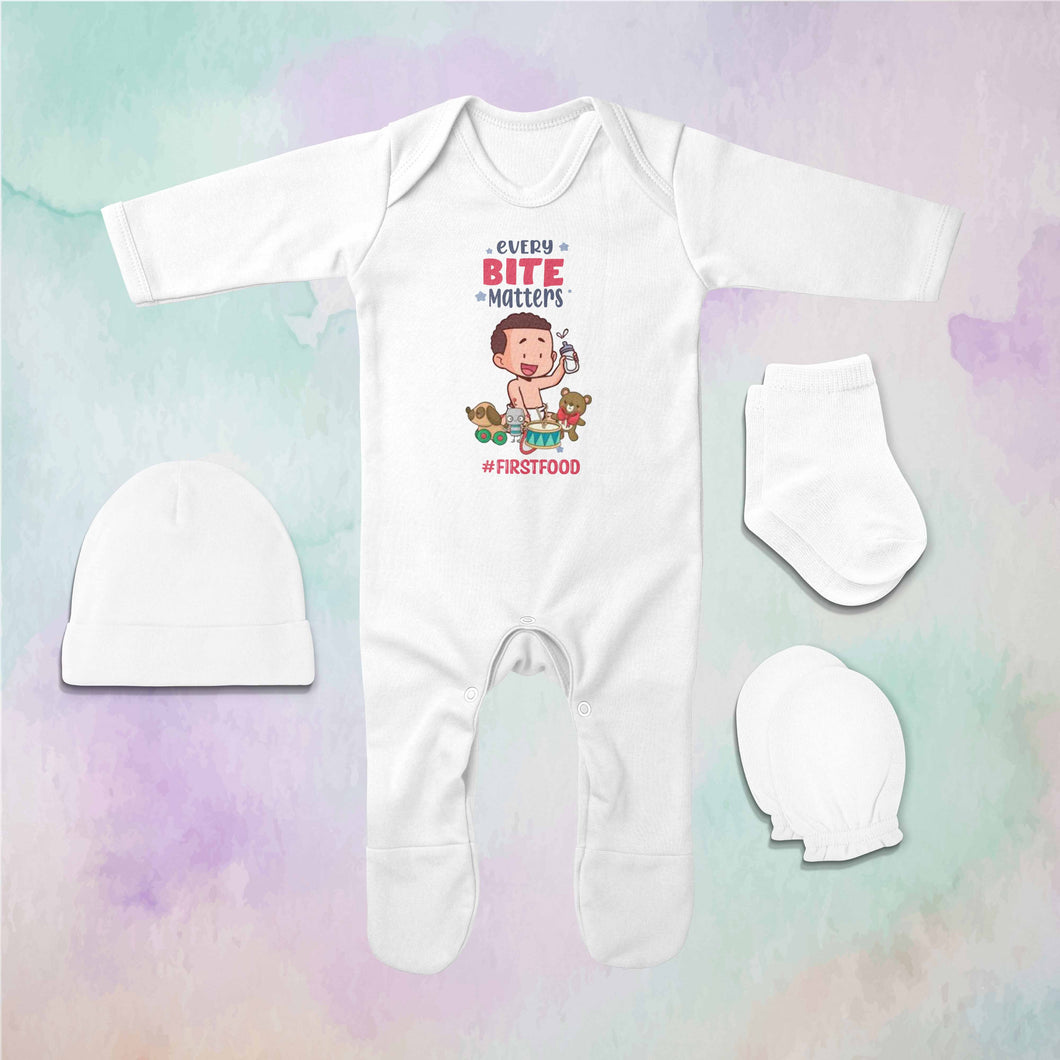 Every Bite Baby Jumpsuit with Cap, Mittens and Booties Romper Set for Baby Boy - KidsFashionVilla