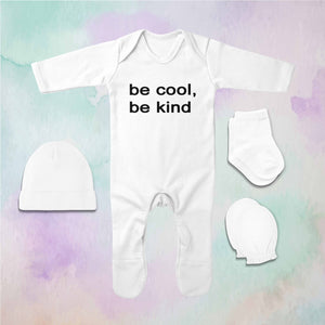 Be Cool Be Kind Minimal Jumpsuit with Cap, Mittens and Booties Romper Set for Baby Boy - KidsFashionVilla